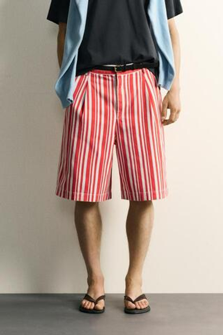 ZARA ШОРТЫ WIDE FIT В ПОЛОСКУ, КРАСНЫЙ
