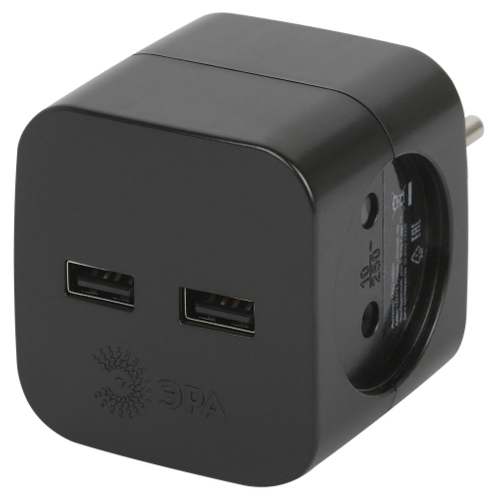 Разветвитель электрический ЭРА SP-2-USB-B на 2 розетки + 2xUSB 2400mA без заземления 10А черный | Электротовары