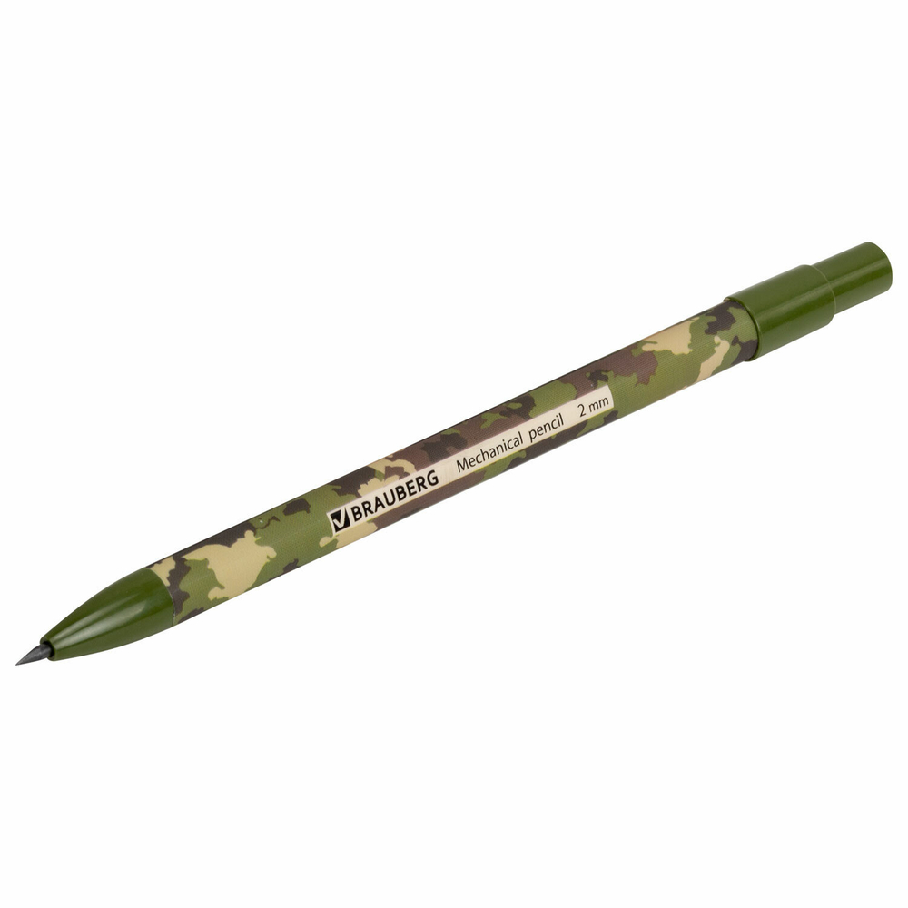 Карандаш механический цанговый 2 мм, BRAUBERG PRINT MILITARY, HB, встроенная точилка, корпус ассорти, 181962
