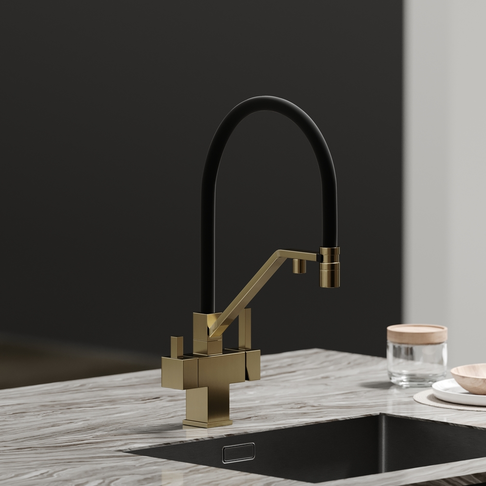 Смеситель для кухни Sancos Loro с гибким изливом, цвет брашированное золото/черный, PVD покрытие, арт. SC4007BG