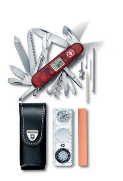 Качественный маленький брендовый фирменный набор в который входит:  нож Traveller с 36 функциями, чехол на ремень, линейка (см), линейка (дм), компас, лупа, термометр, спиртовой уровень, точильный камень Прозрачно-красный Victorinox VC-1.8741.AVT