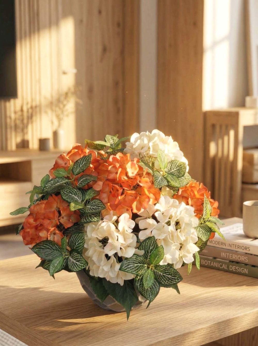 Гортензия кремово-оранжевая в горшке искусственная