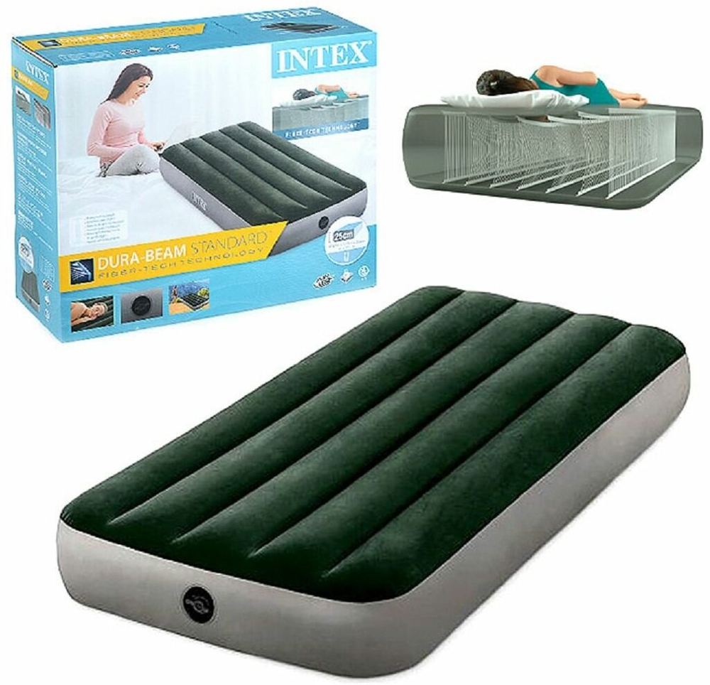 Мaтрас нaдувной Intex 64106 Deluxe Twin 76х193х25 см / Крoвать нaдувная Интeкс односпальная узкая велюровая для дома и туризма