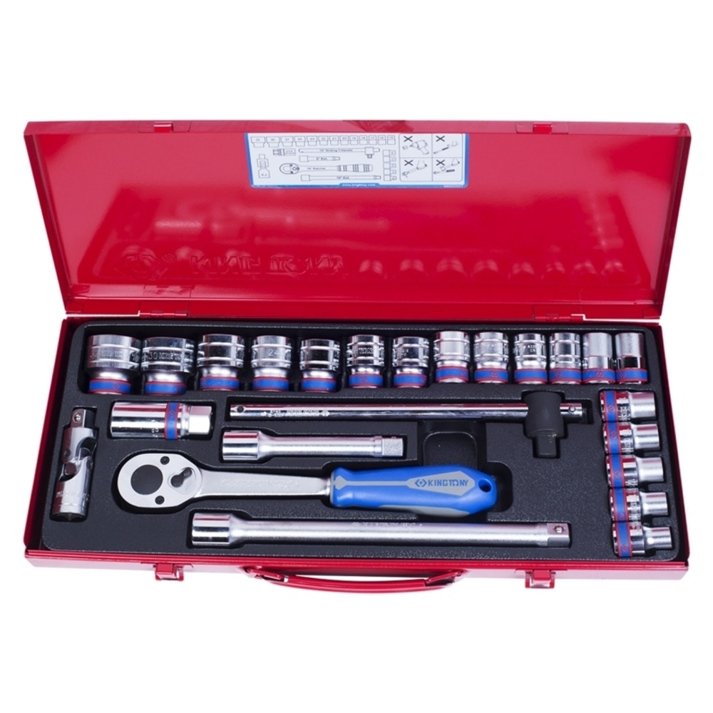 KING TONY (4528MR) Набор торцевых головок с принадлежностями 1/2", 6-гранные, 10-32 мм, 24 предмета