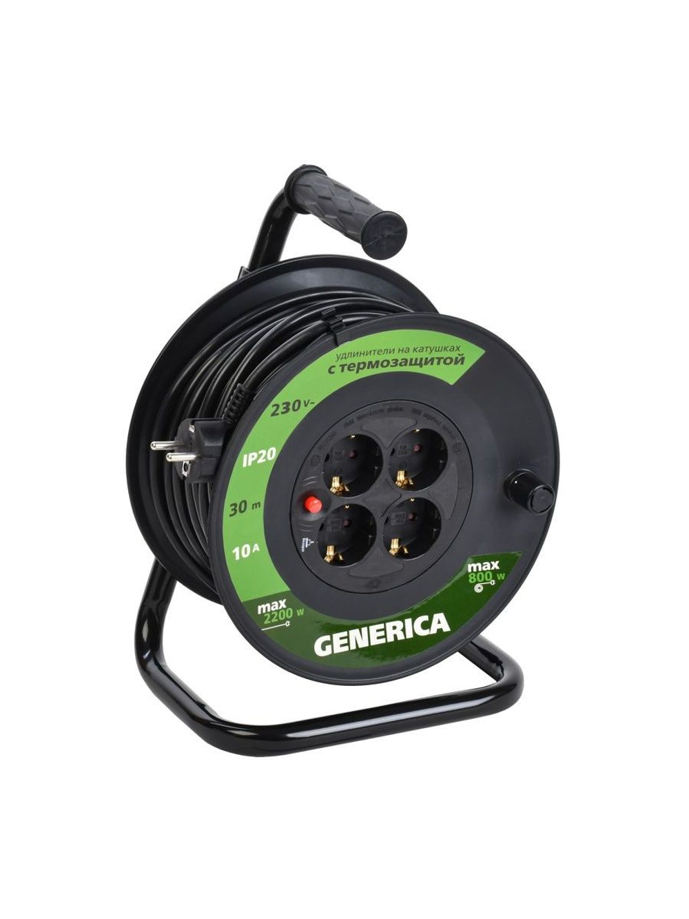 Удлинитель на катушке 4х30м 10А IP20 УК30 2P+PE 3х1 термозащита GENERICA WKP10-10-04-30-G