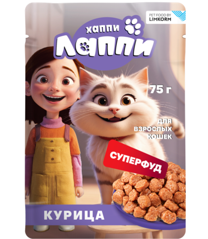 ХАППИ ЛАППИ Консервированный полнорационный корм для кошек с курицей в соусе, 75 г