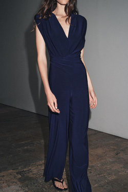 ZARA ДЛИННЫЙ КОМБИНЕЗОН С ПОДПЛЕЧНИКАМИ И ДРАПИРОВКОЙ, МОРСКОЙ СИНИЙ