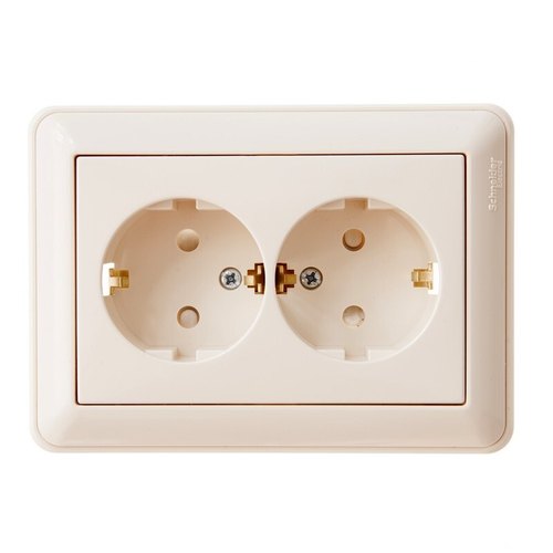 Розетка двухместная с заземлением, защитными шторками и рамкой слоновая кость SE W59