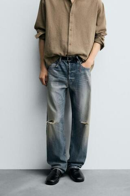 ZARA ДЖИНСЫ ПРЯМОГО КРОЯ STANDARD FIT С РАЗРЕЗАМИ, ВЫЦВЕТШИЙ СИНИЙ