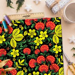 Ткань шелк Армани крупная хохлома на чёрном фоне