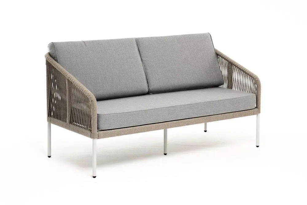 "Канны" диван 2-местный плетеный из роупа, каркас алюминий светло-серый (RAL7035) шагрень, роуп серый меланж круглый, ткань серая 017