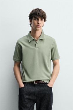 ZARA ПОЛО REGULAR FIT С РЕЛЬЕФНОЙ СТРУКТУРОЙ, ЗЕЛЕНЫЙ