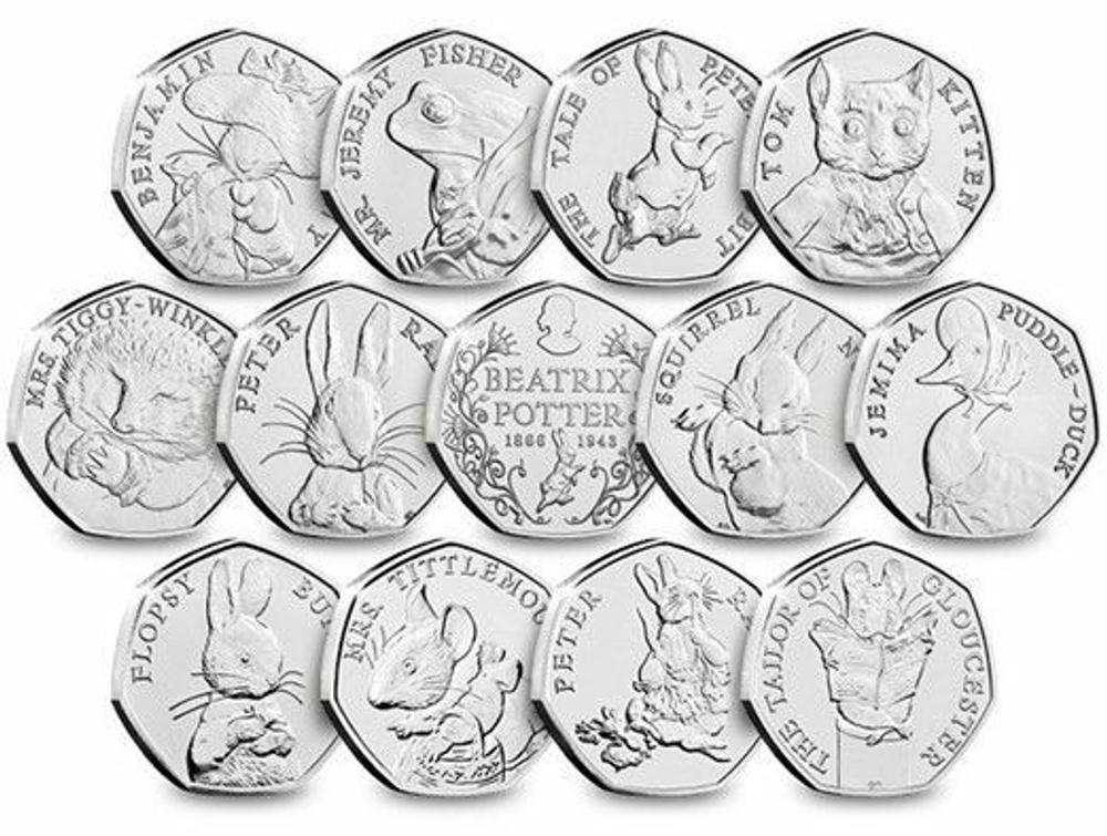 Великобритания 50 пенсов, 2016 - 2018 Беатрис Поттер - Кролик Питер набор 13 монеты UNC