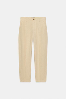ZARA БРЮКИ CARROT FIT С ДЕКОРАТИВНОЙ СТРОЧКОЙ ИЗ ЛЬНА, ПЕСОЧНЫЙ