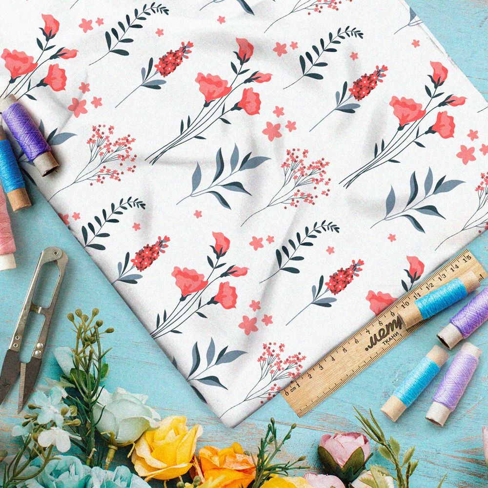 Ткань дюспо коралловые цветы и листья на белом фоне