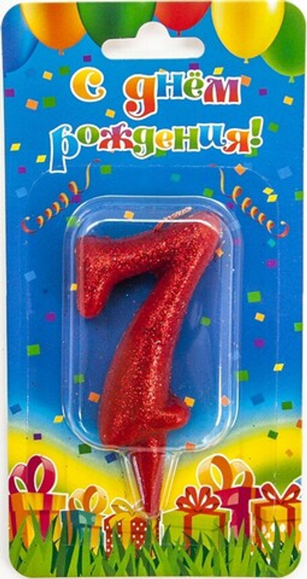 Свеча Цифра, 7 Овал, Красный, с блестками, 8 см