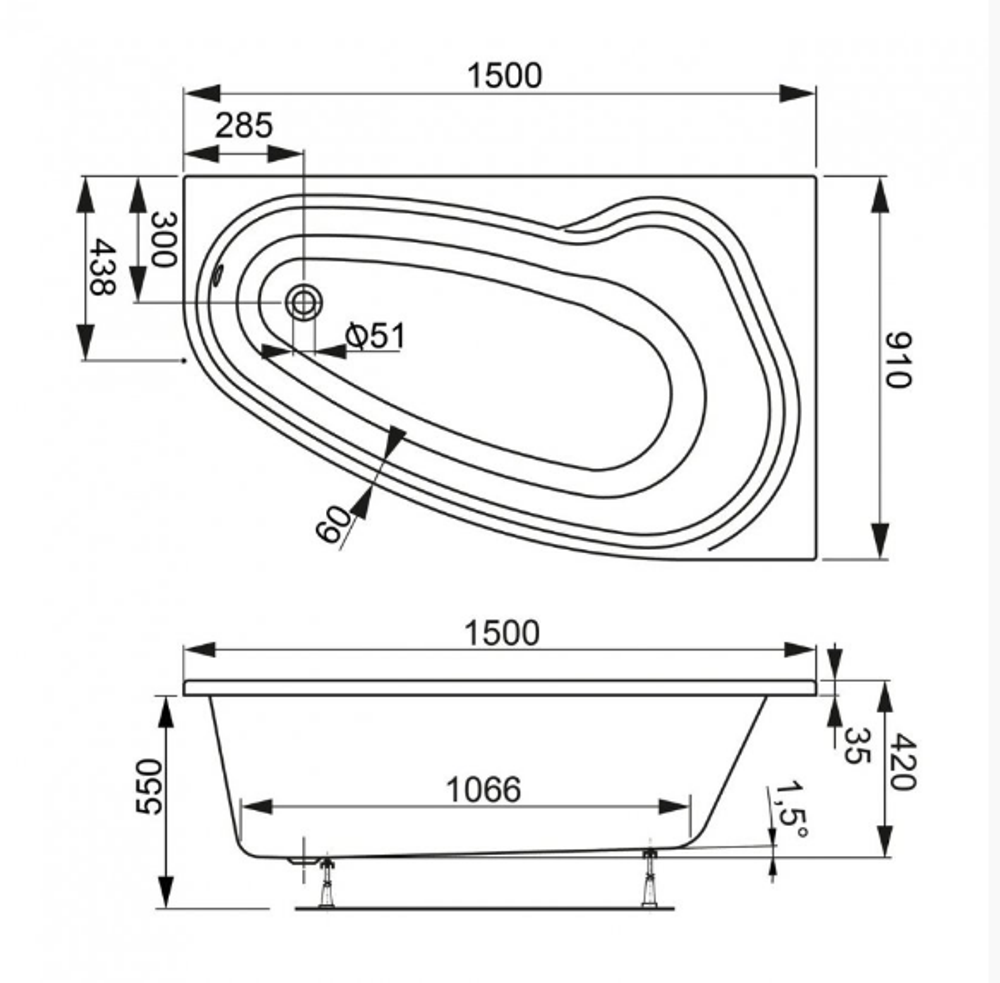 Акриловая ванна VAGNERPLAST AVONA 150x90 Right