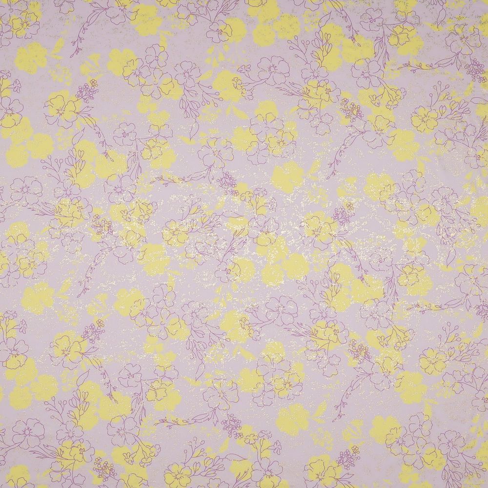 Тонкий хлопок с жёлтыми цветами на розовом и металлизированным принтом
