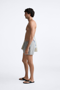 ZARA КОРОТКИЕ ПЛАВКИ ИЗ РЕЛЬЕФНОЙ ТКАНИ В КЛЕТКУ, СЕРЫЙ