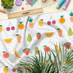 Ткань интерлок сочные фрукты и овощи на белом фоне