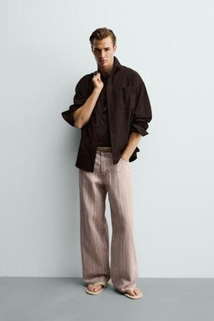 ZARA ДЖИНСЫ RELAXED FIT В ПОЛОСКУ С ПРИНТОМ, РОЗОВЫЙ