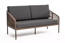 "Канны" диван 2-местный плетеный из роупа, каркас алюминий коричневый (RAL8016) муар, роуп коричневый круглый, ткань темно-серая 027