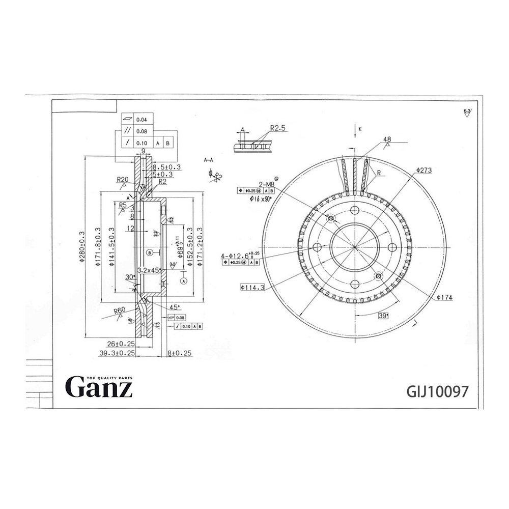 Диск тормозной GANZ передний с покрытием HYUNDAI Sonata 01-04 / Elantra KIA Magentis Арт.: GIJ10097