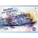 Альбом для рисования А4 12л., Alingar, на скрепке, мелованный картон (стандарт), 100 г/м2, "Авто в акварели", 4 дизайна в пленке т/у