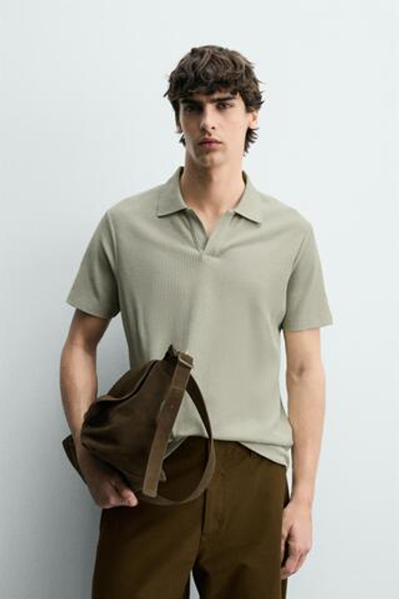 ZARA ПОЛО REGULAR FIT ИЗ ХЛОПКА С РЕЛЬЕФНЫМ УЗОРОМ, СЕРО-ЗЕЛЕНЫЙ