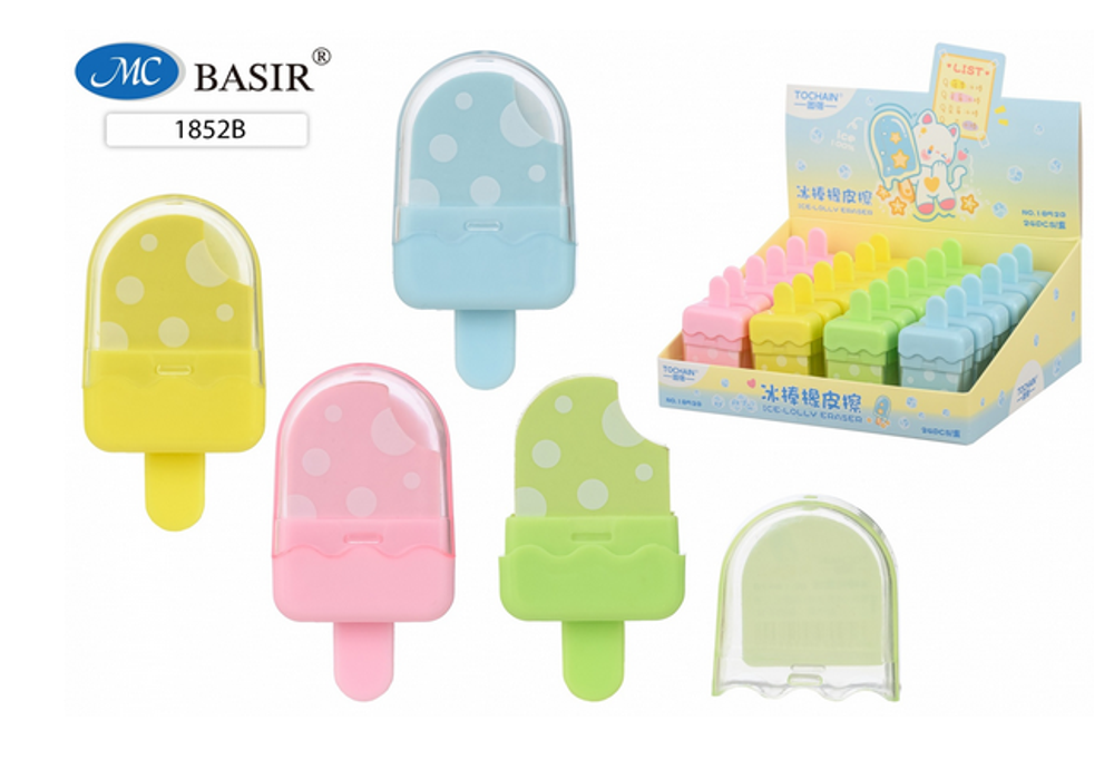 Ластик "Мороженое в горошек" в пластиковом держателе, 4 цв. микс (Basir)