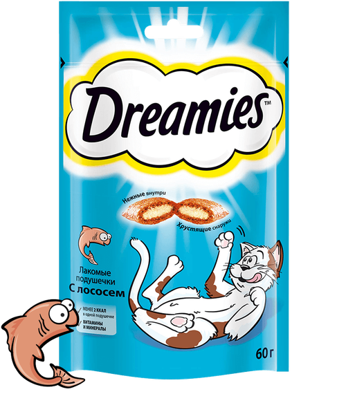 Лакомство Dreamies для кошек, лакомые подушечки с лососем, 60 г