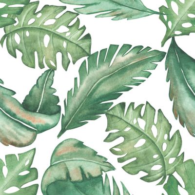Watercolor hand painted nature summer tropical seamless pattern with green palm exotic leaves texture isolated on the white background for trendy print design, wallpaper and textile