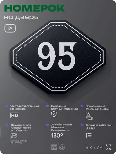Номерок на дверь квартиры 95, для кабинета, офиса, шильдик 9 х 7 см, черный, Айдентика Технолоджи