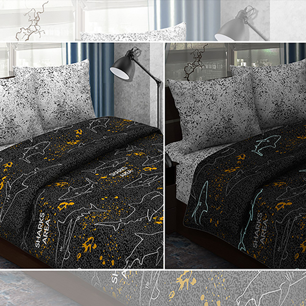 Комплект постельного белья Insight 2,0 спальный с европростыней, поплин, Акулы