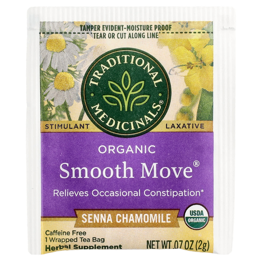 Traditional Medicinals, Organic Smooth Move®, сенна и ромашка, без кофеина, 16 упакованных чайных пакетиков, 32 г (1,13 унции)