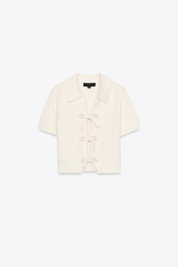 ZARA ТРИКОТАЖНЫЙ ТОП С БАНТАМИ, ЭКРЮ