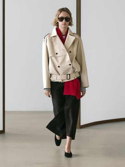 Massimo Dutti Короткий тренч с поясом, бежевый