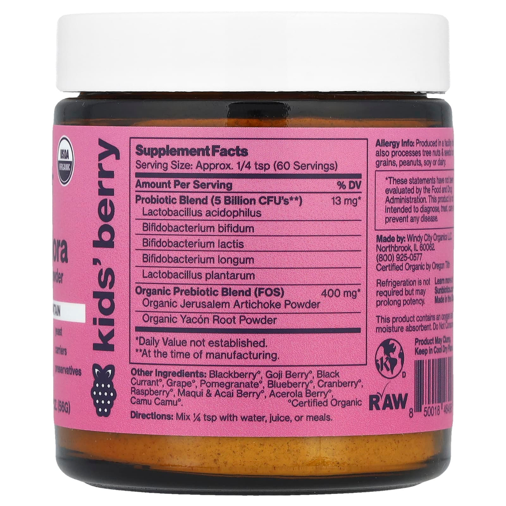 Sunbiotics, Kids Friendlier Flora, пробиотики и пребиотики в порошке, ягоды, 5 млрд КОЕ, 56 г (2 унции)