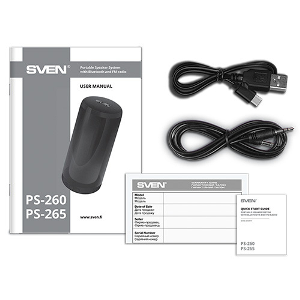 Портативная колонка SVEN PS-260, черный (10 Вт, TWS, Bluetooth, FM, USB, microSD, 2000мА*ч)