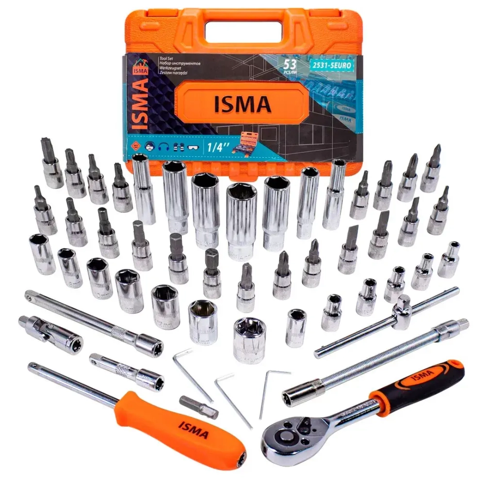 Набор инструмента 53пр. 1/4''(6-гран.)(4-14мм, головки глубокие 6-14мм) ISMA ISMA-2531-5 EURO
