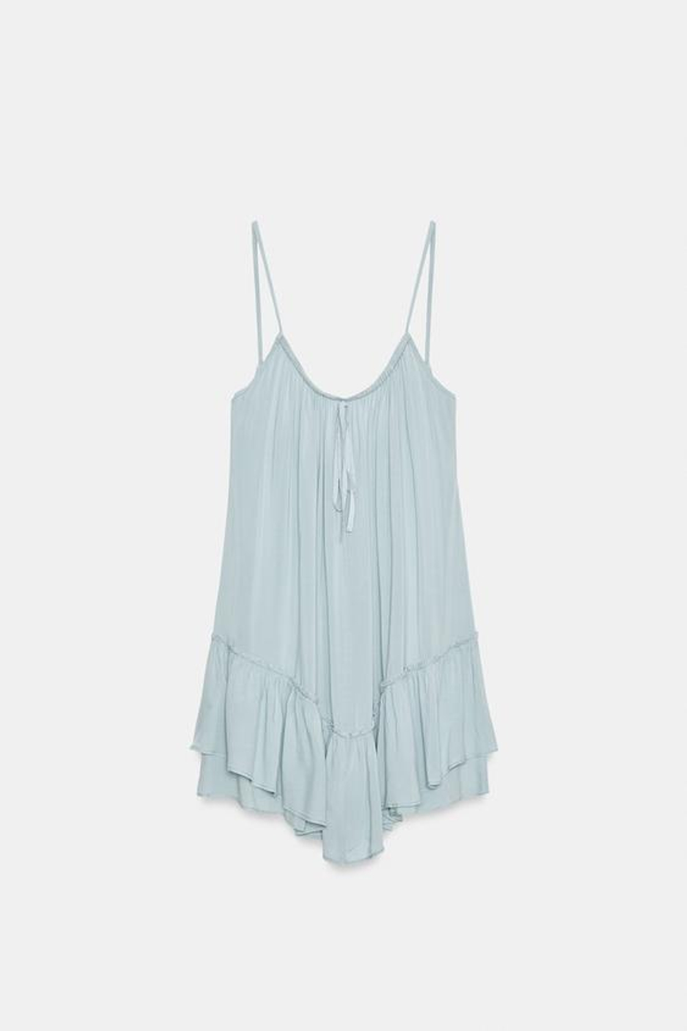 ZARA СВОБОДНОЕ МИНИ-ПЛАТЬЕ С ВОЛАНАМИ, ГОЛУБОЙ