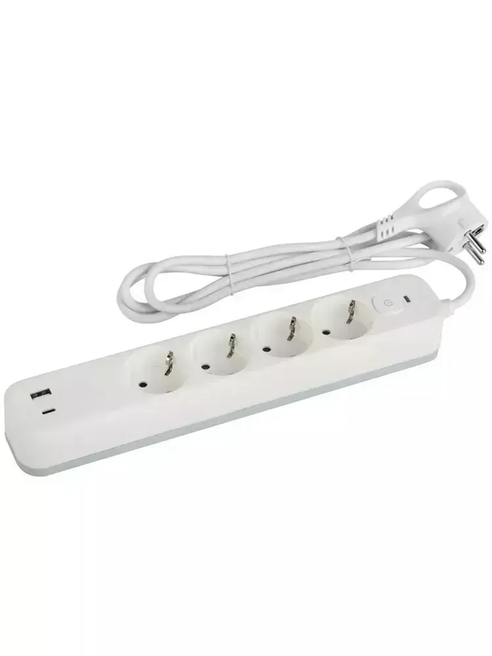 Сетевой фильтр Intro SFE415-2xUSBAC-W с базовой защитой с заземлением с выключателем 4 розетки+USB-A+Type C 3,1A 1,5м 10А / удлинитель сетевой 1,5м