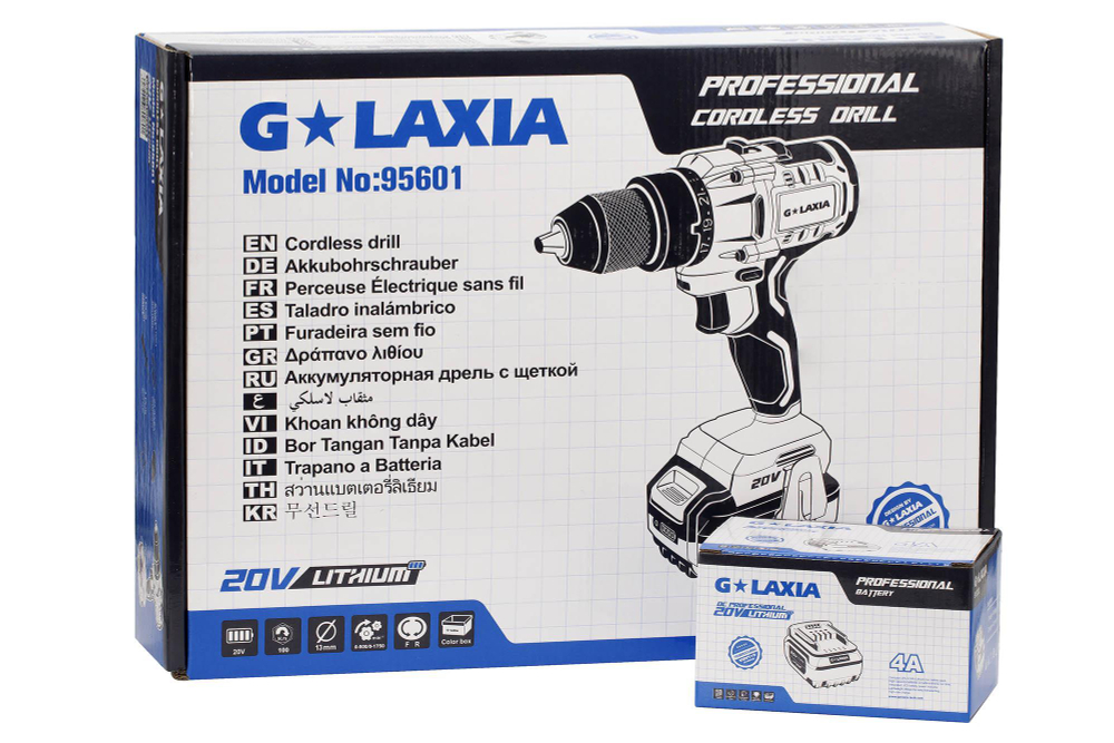 Дрель-шуруповерт GALAXIA 4 Ah Li-Ion, 100 H*m, 20V, серия Professional, 2аккумулятора, зарядное устр
