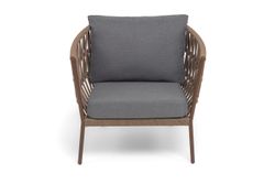 "Диего" кресло плетеное из роупа, каркас алюминий коричневый (RAL8016) муар, роуп коричневый круглый, ткань темно-серая 027