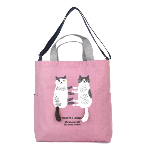 Сумка шоппер большой с изображением котов "NAGONAGO", розовый, 23-6560-1, KUSUGURU