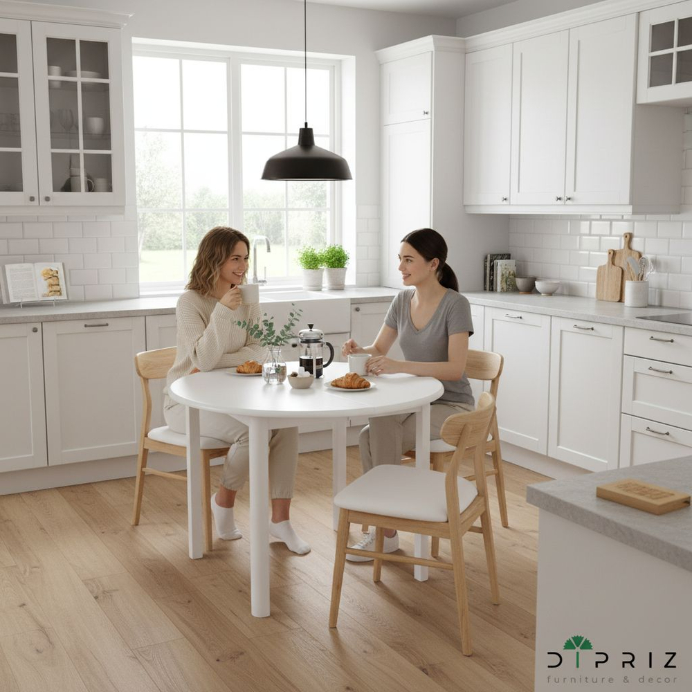 Стол кухонный 100х100х73, Вестфалия, круглый, раздвижной, столовый, в гостиную, массив сосны, Диаметр 140 см, белый воск, Dipriz