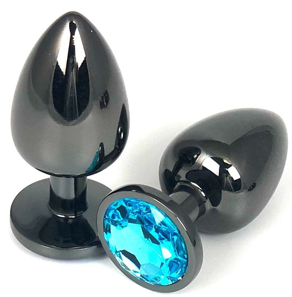 Черная металлическая анальная пробка с голубым стразом - 6,5 см. (Цвет: голубой)