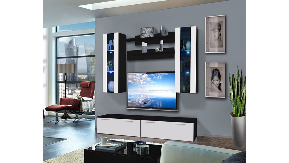 Гостиная 25 Белый Фасадный 0101 PE / Черный 0190 PE 200*45*160 см,    Фиеста