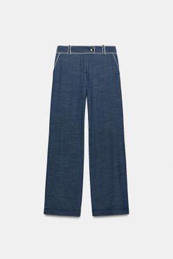 ZARA ШИРОКИЕ БРЮКИ С КОНТРАСТНЫМИ КАНТАМИ, СИНИЙ