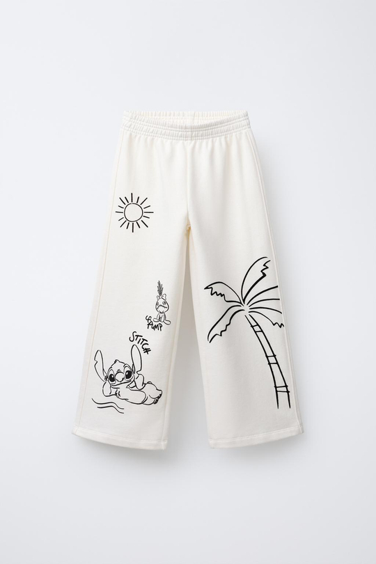 ZARA БРЮКИ WIDE LEG С ПРИНТОМ LILO & STITCH © DISNEY, ЭКРЮ
